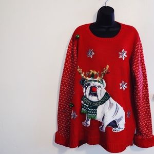 3D Red Bulldog Reindeer Ugly Christmas Sweater